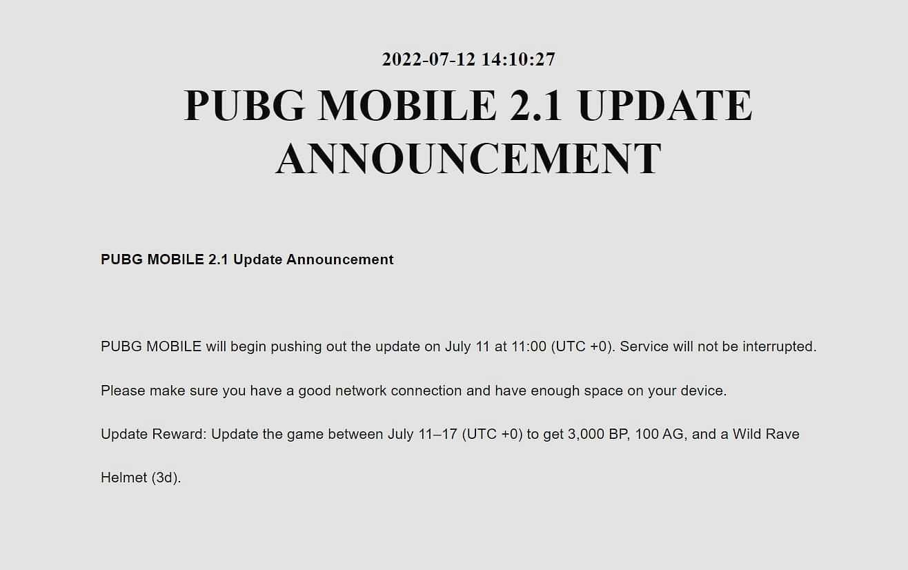 The 2.1 update announcement (Image via Tencent)