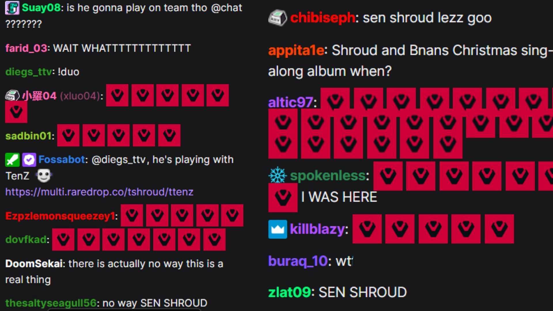 Chat reacting to him joining the Sentinels(Image via Shroud/Twitch)