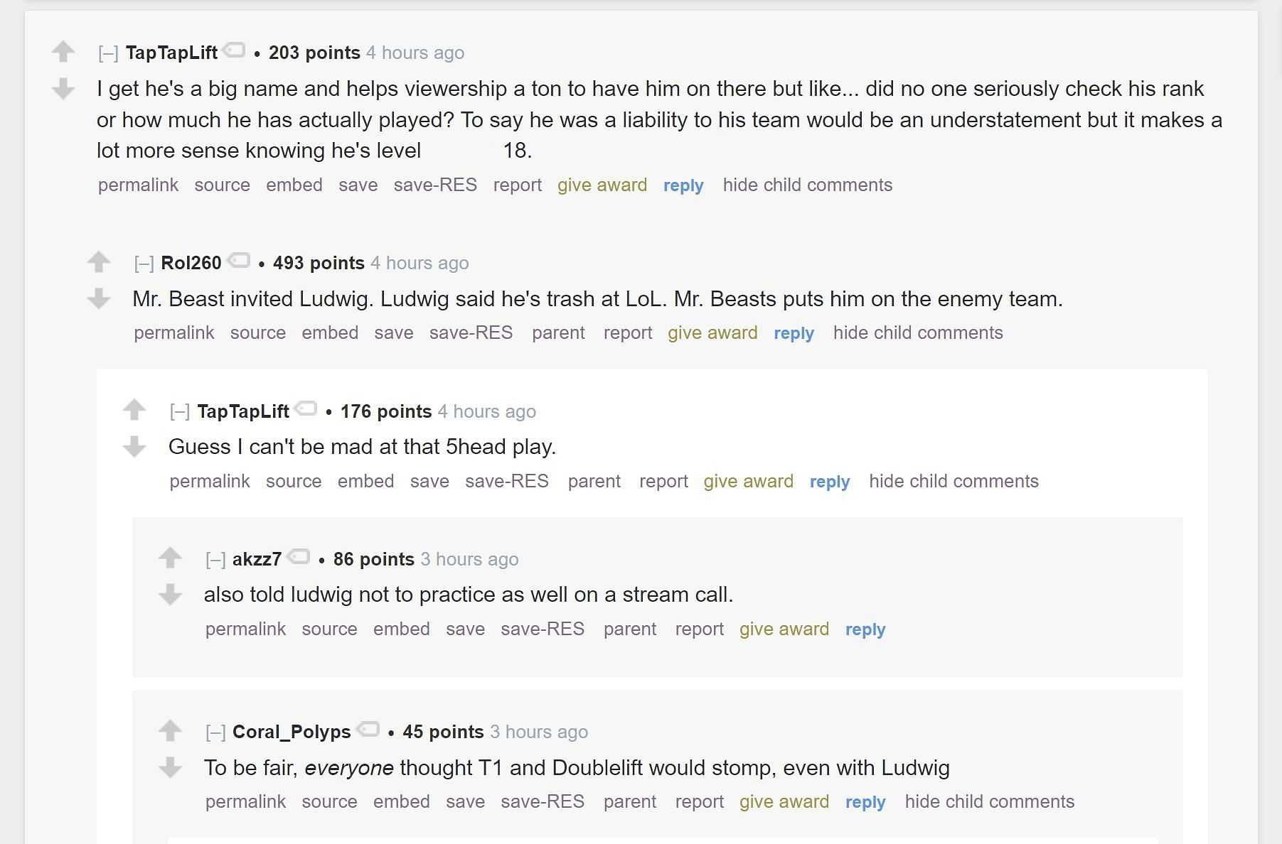 Redditors discuss Lugwig&#039;s performance in the match (Image via r/LivestreamFail)