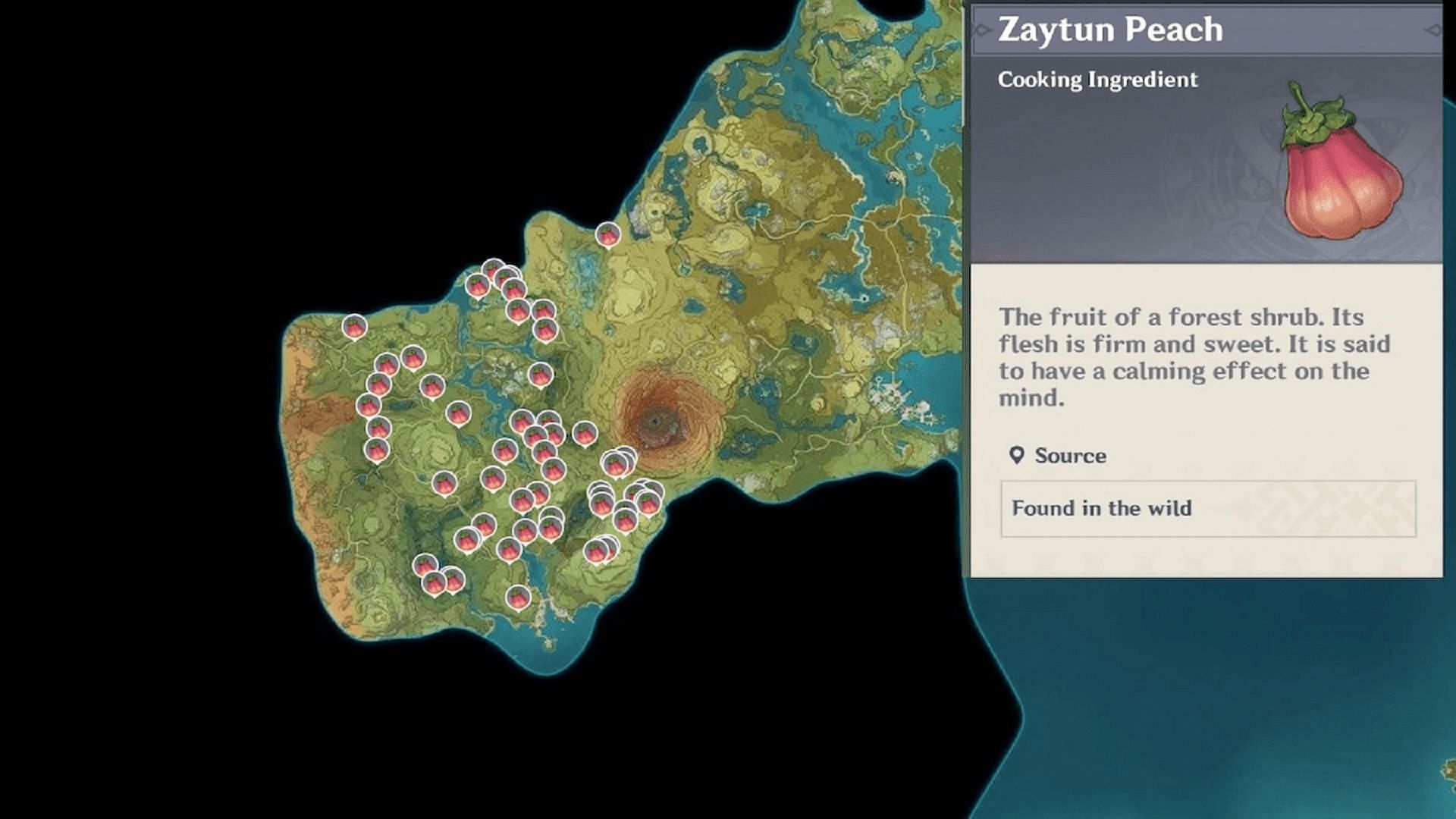 Various Zaytun Peach spawn locations in Genshin Impact (Image via miHoYo)