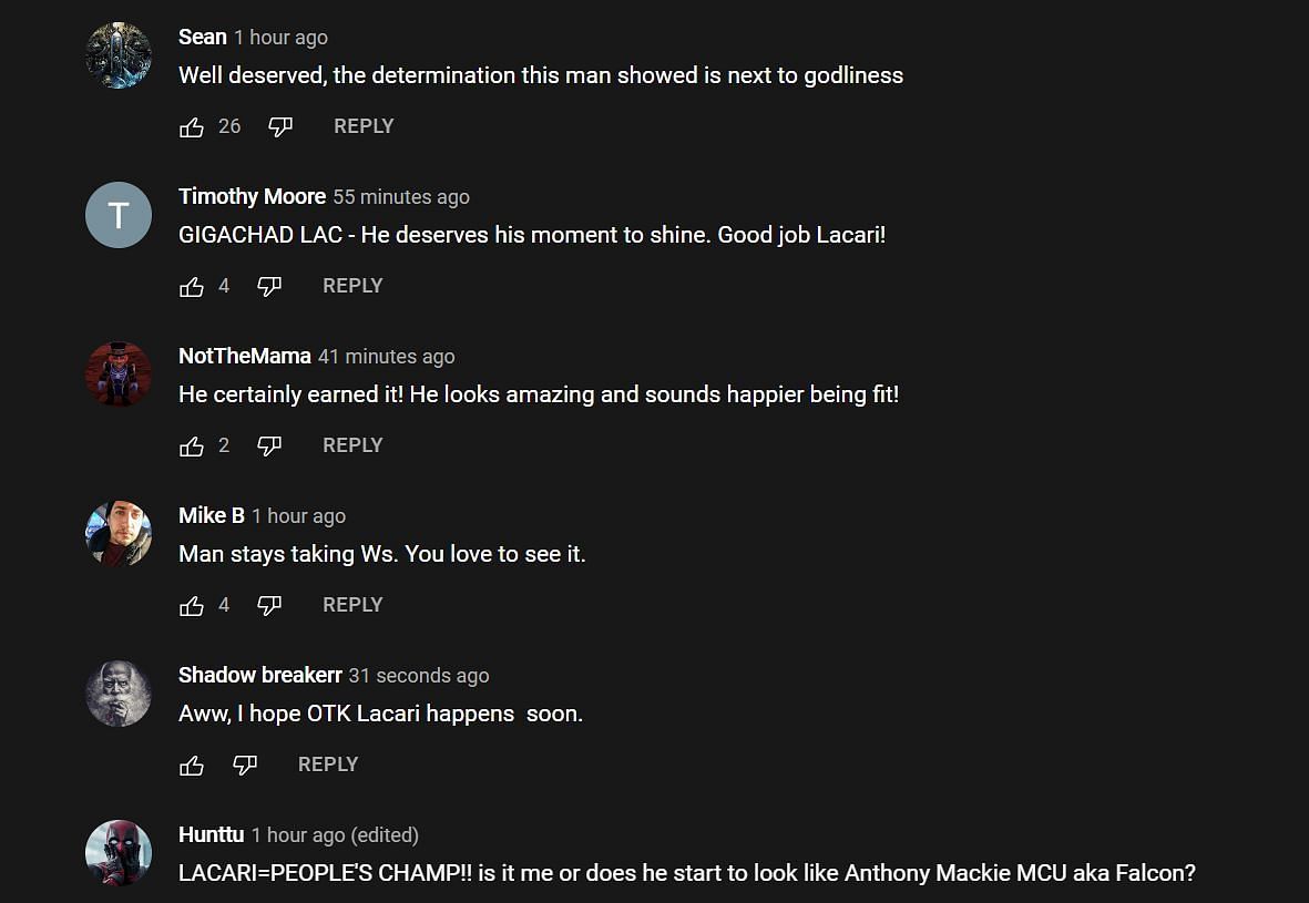 YouTube comments praising Lacari (Image via OTKlips/YouTube)