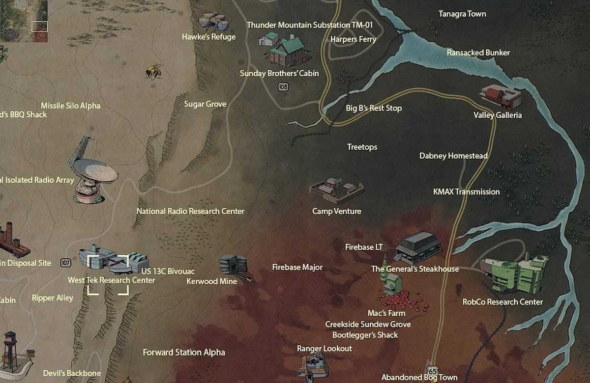 A look at the map showing the Research Center in Fallout 76 (Image via Bethesda)