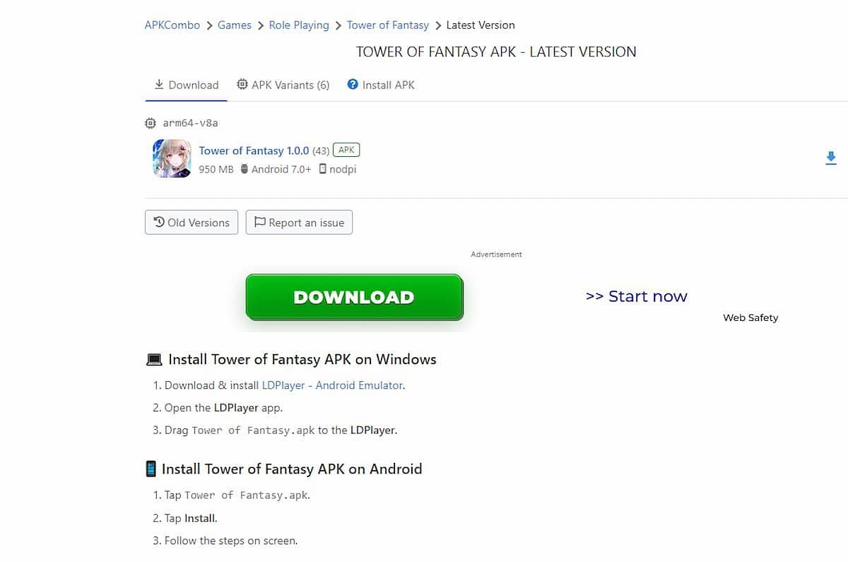 This is what the APKCombo site when you&#039;re about to download Tower of Fantasy APK (Image via APKCombo)