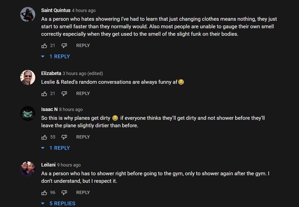 YouTube comments about the showering debate (Image via Streamer Moments/YouTube)