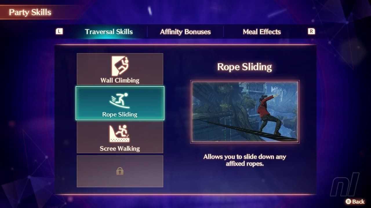 Rope Sliding information can be found on the Party Skills page (Image via Nintendo)